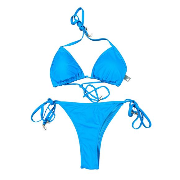 Sunny Co Clothing - Triangle Halter Tie Bikini Top & Tie Side Bottoms in Blue - Picture 1 of 4